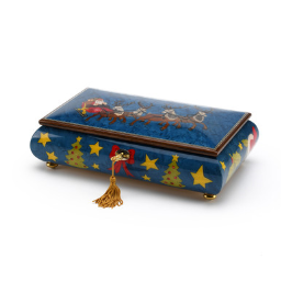 Jolly Santa Clause in Sleigh Reindeer Sorrento Italian Inlay Christmas Musical Box
